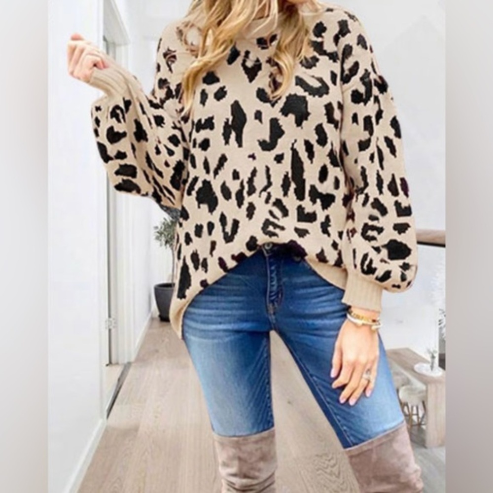 Women’s Leopard Cheetah Pullover Long Sleeve Crew Neck Sweater Large